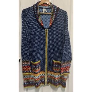 Women's boho Blue Rainbow Color Full Zip Sweater XL Long Sleeve Pockets Soft